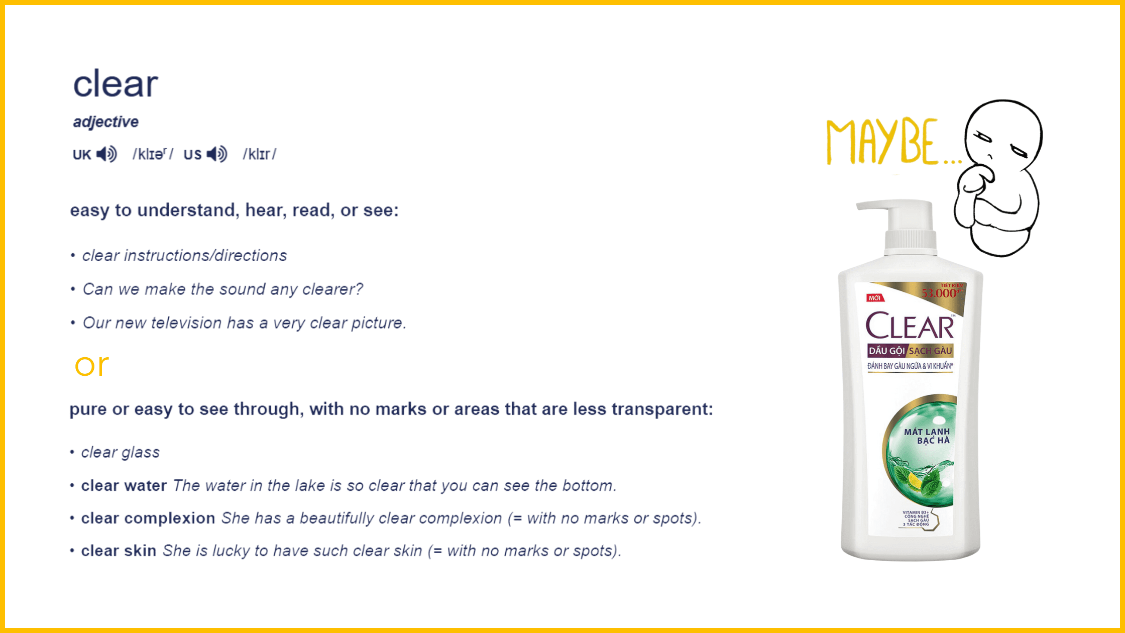 Tiếng Anh vô tri: 1001 Trường hợp Giáo viên dạy tiếng Anh phải "đổ mồ hôi hột" 23 Tieng Anh vo tri clear trong Cambridge Dictionary