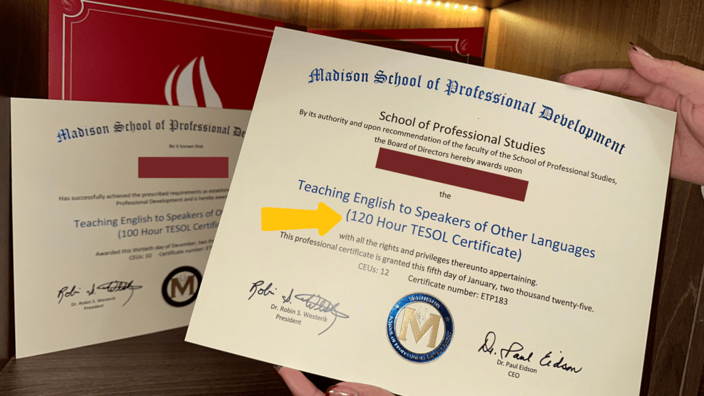 Chứng chỉ TESOL 120h được cấp bởi Madison _ Chương trình đào tạo tại ETP TESOL
